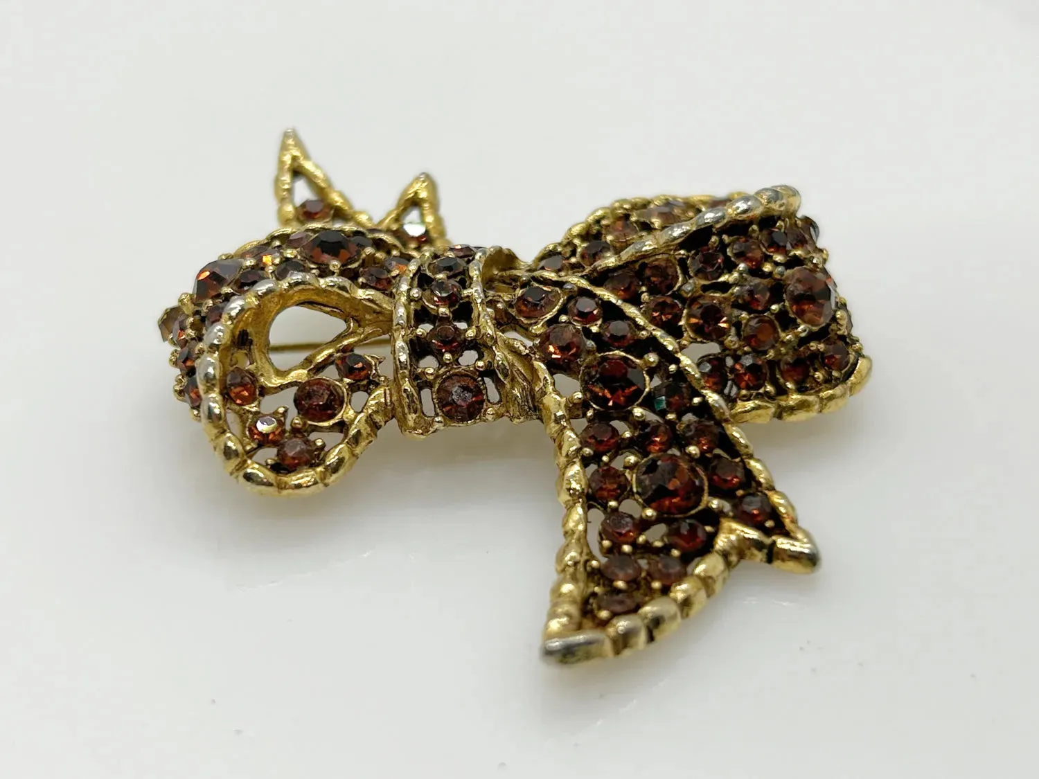 Vintage Amber and Golden Browns Rhinestone Bow Brooch