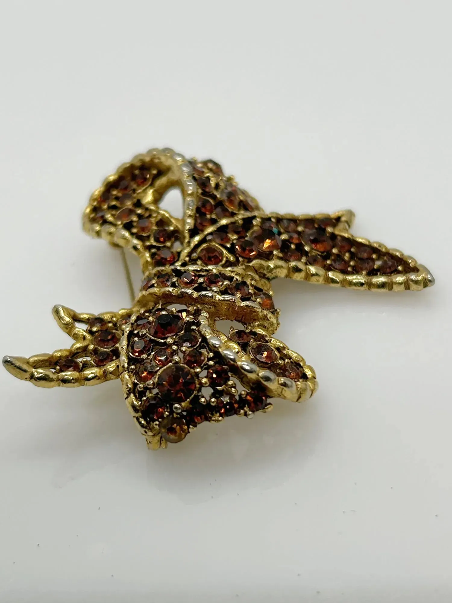 Vintage Amber and Golden Browns Rhinestone Bow Brooch