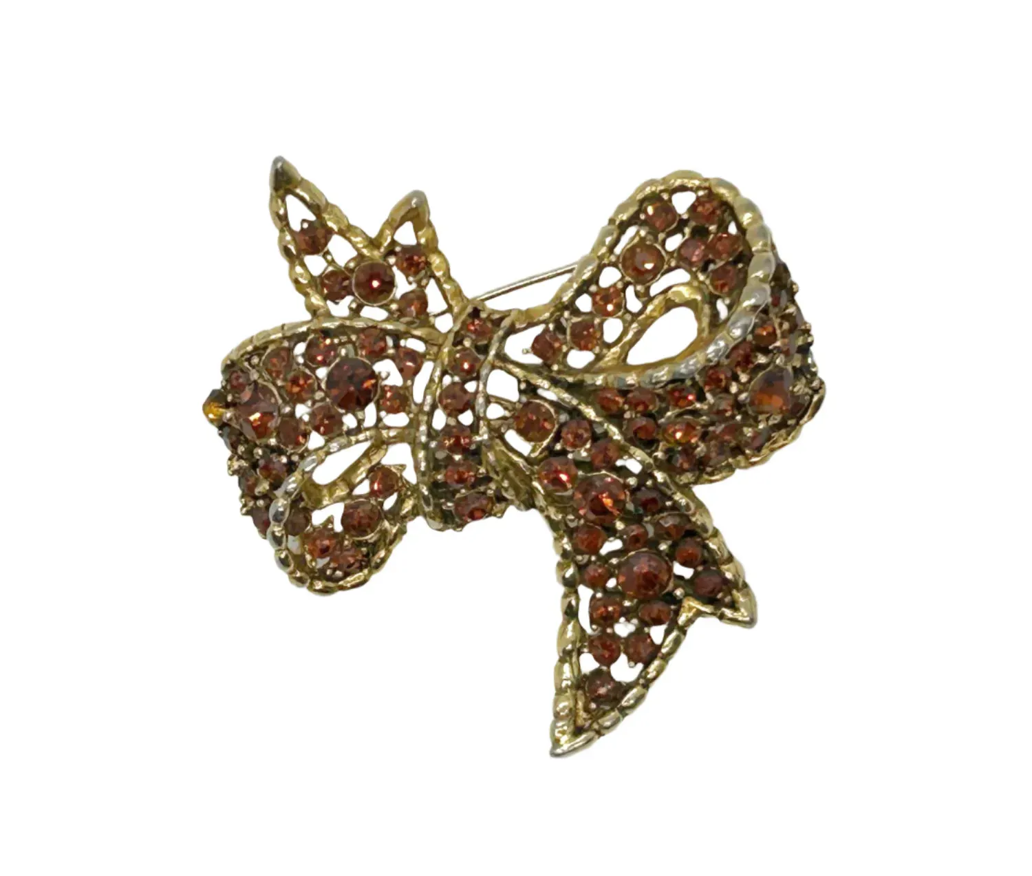 Vintage Amber and Golden Browns Rhinestone Bow Brooch