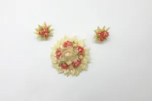 Vintage Carved White and Pink Rose Brooch with Earrings