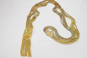 Vintage Turkish Sterling Gold Plated Silver and Turquoise Long Tassel Necklace