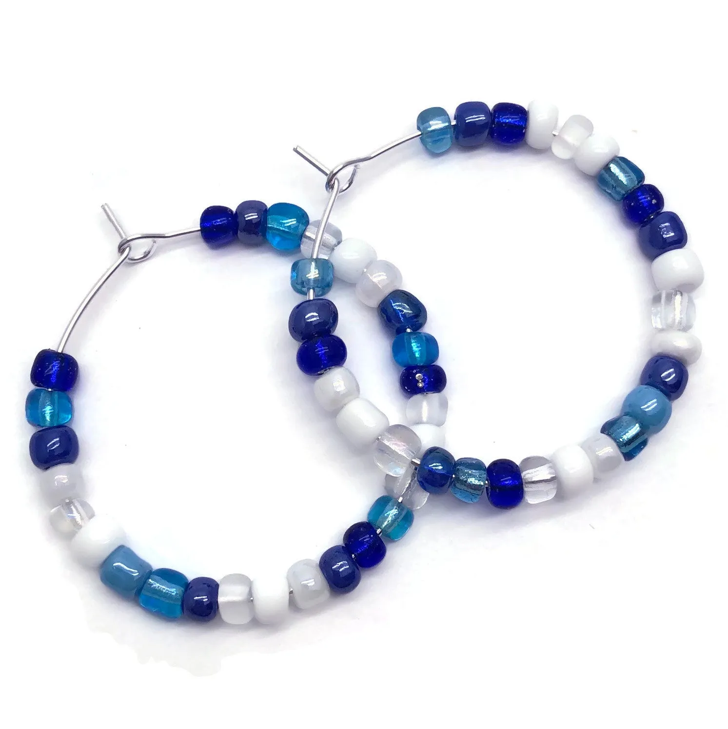 White and Blue Seed Beads Hoops 35mm