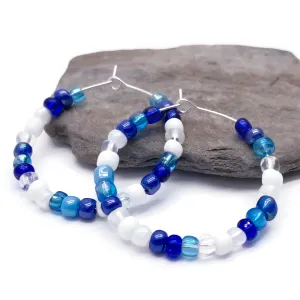 White and Blue Seed Beads Hoops 35mm