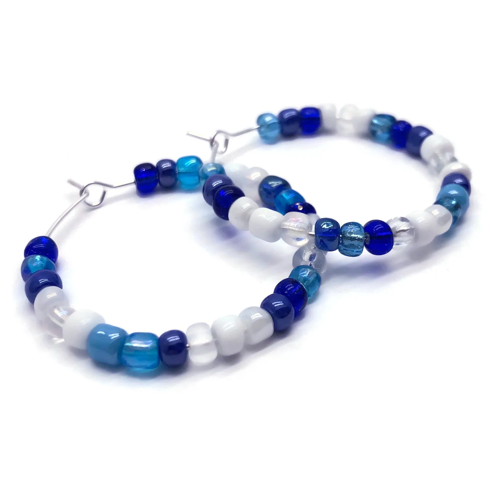 White and Blue Seed Beads Hoops 35mm