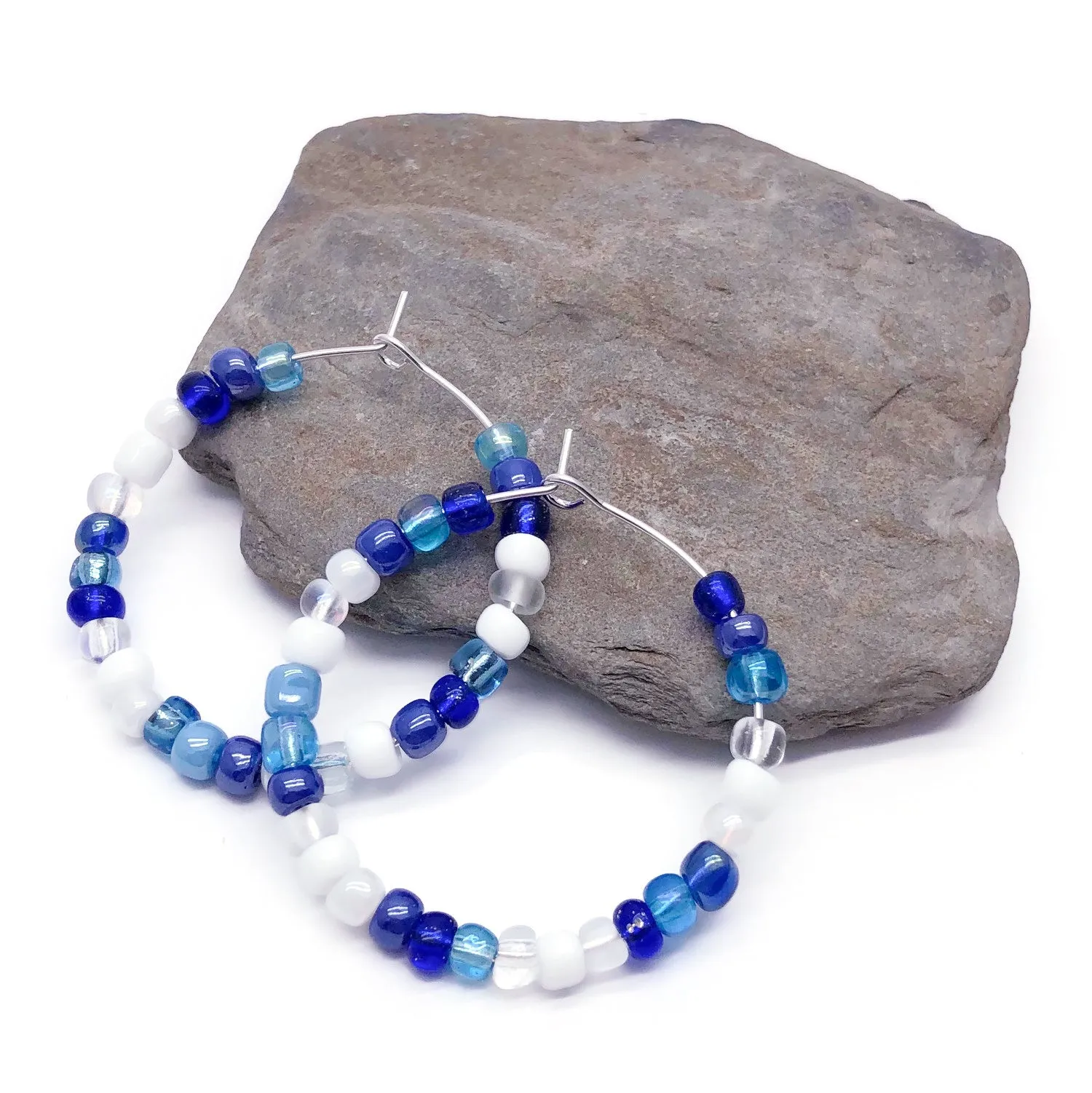 White and Blue Seed Beads Hoops 35mm