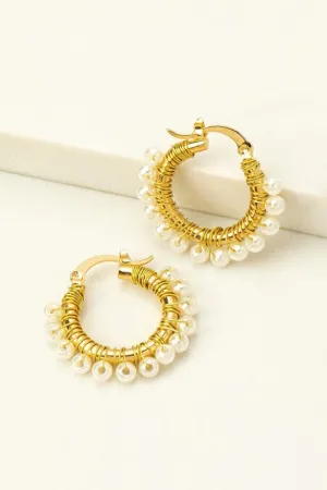 Wire Wrapped Pearl Brass Hoop Earrings
