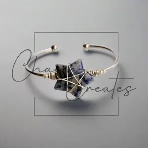 Wire Wrapped Sodalite Stone Star Silver Bangle Bracelet