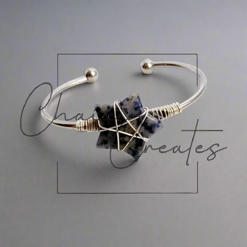 Wire Wrapped Sodalite Stone Star Silver Bangle Bracelet