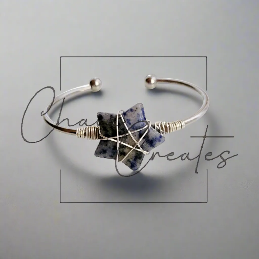 Wire Wrapped Sodalite Stone Star Silver Bangle Bracelet