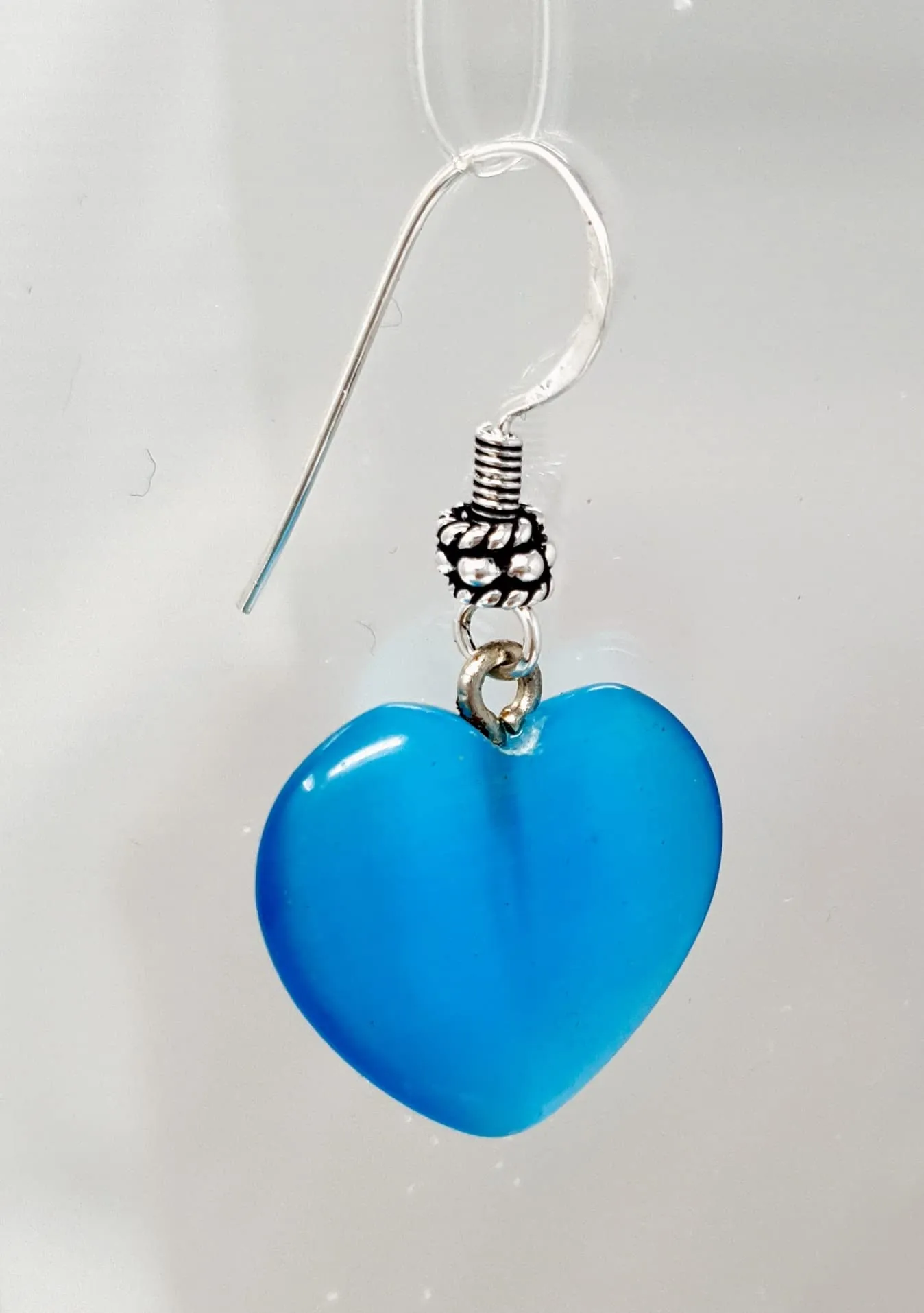 Women's Handmade Natural Blue Cat's Eye Gemstone Heart Shape Sterling Silver Drop Earrings