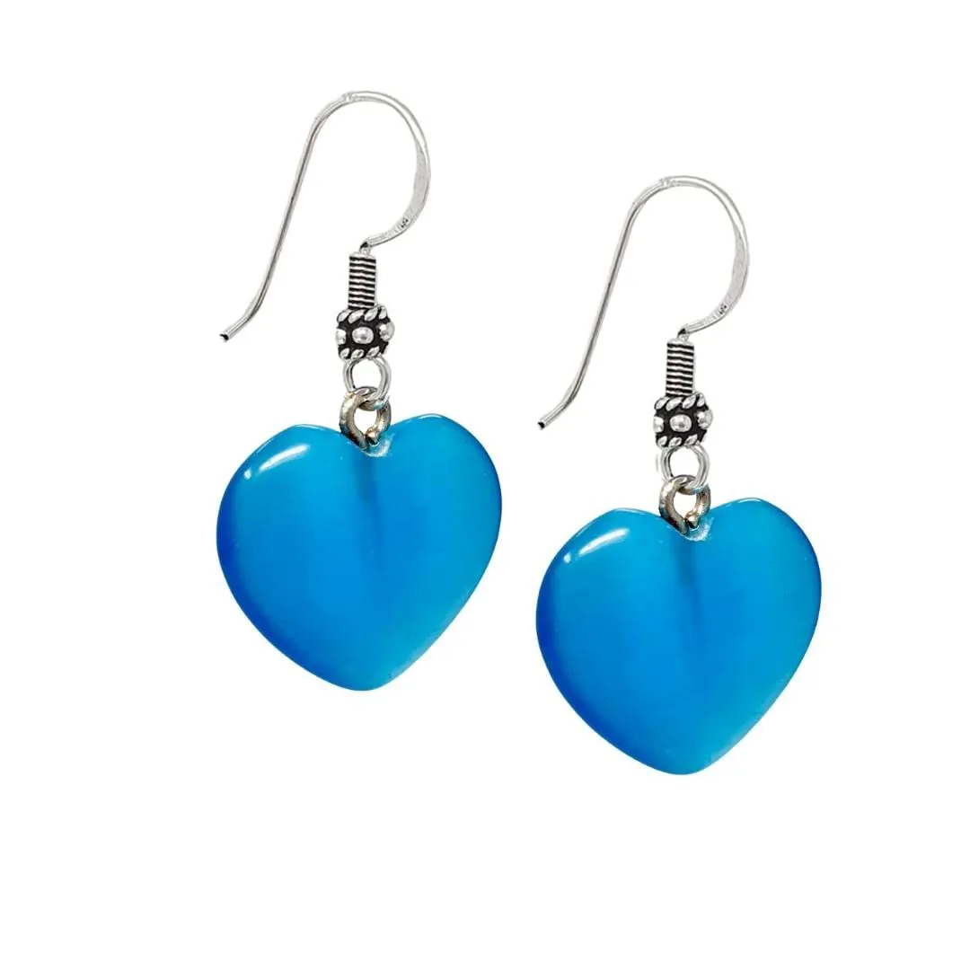 Women's Handmade Natural Blue Cat's Eye Gemstone Heart Shape Sterling Silver Drop Earrings