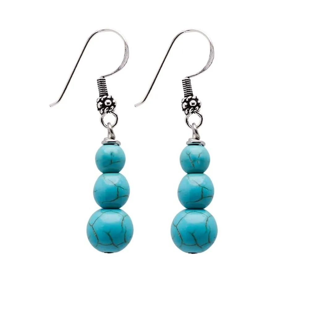 Women's Natural Gemstone Triple Bead and Sterling Silver Dangle Drop Earrings Handmade Blue Turquoise