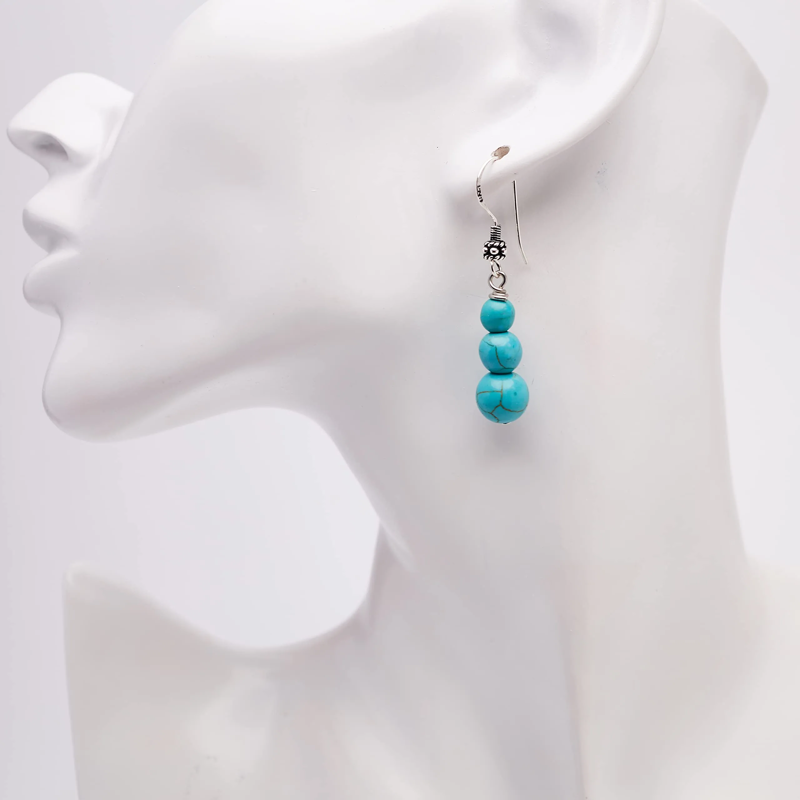 Women's Natural Gemstone Triple Bead and Sterling Silver Dangle Drop Earrings Handmade Blue Turquoise