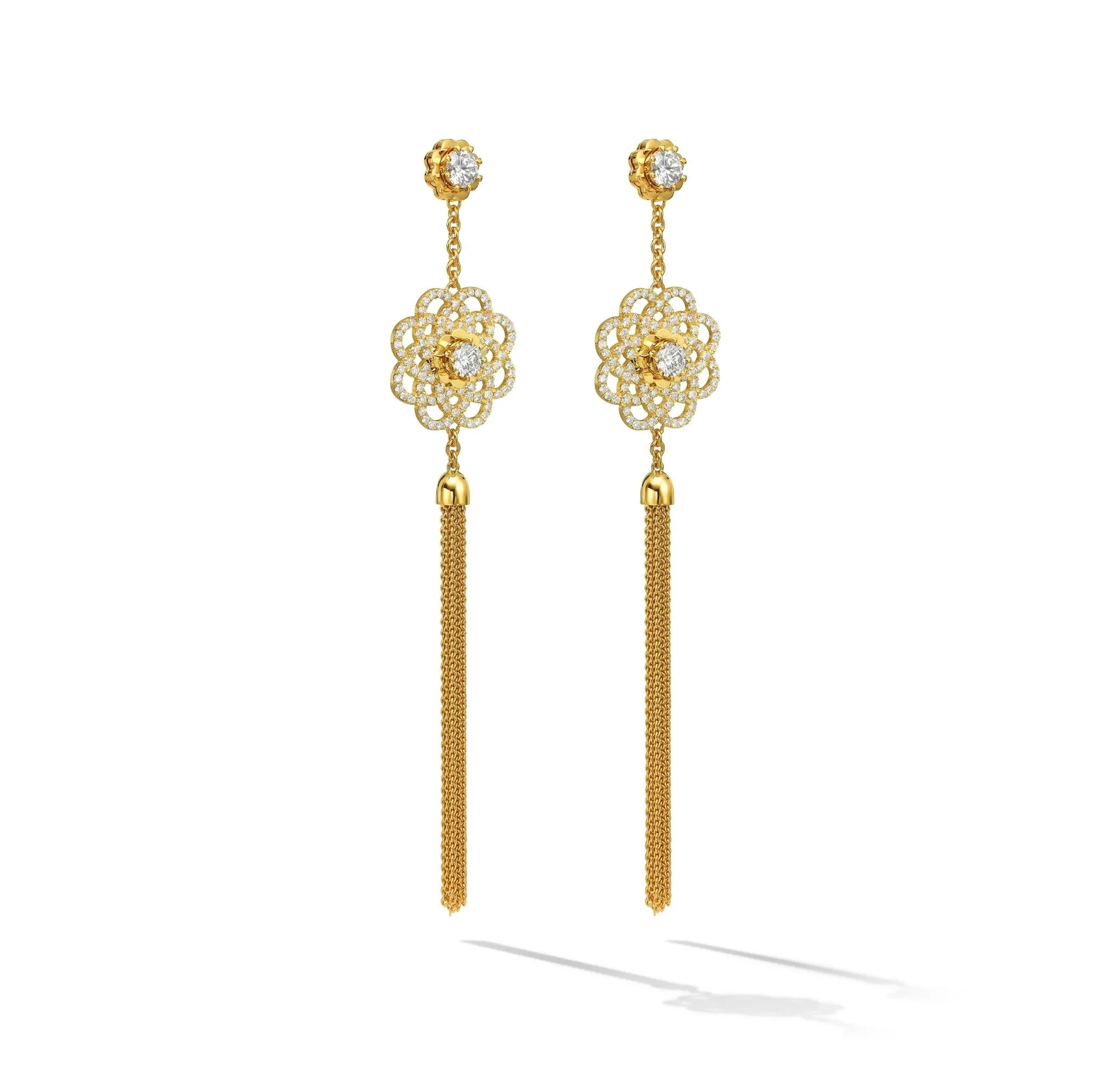 Yellow Gold Trio Tassel Earrings with White Diamonds