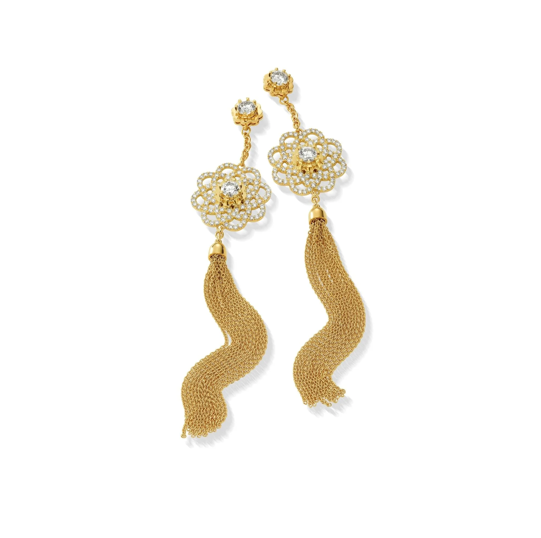 Yellow Gold Trio Tassel Earrings with White Diamonds