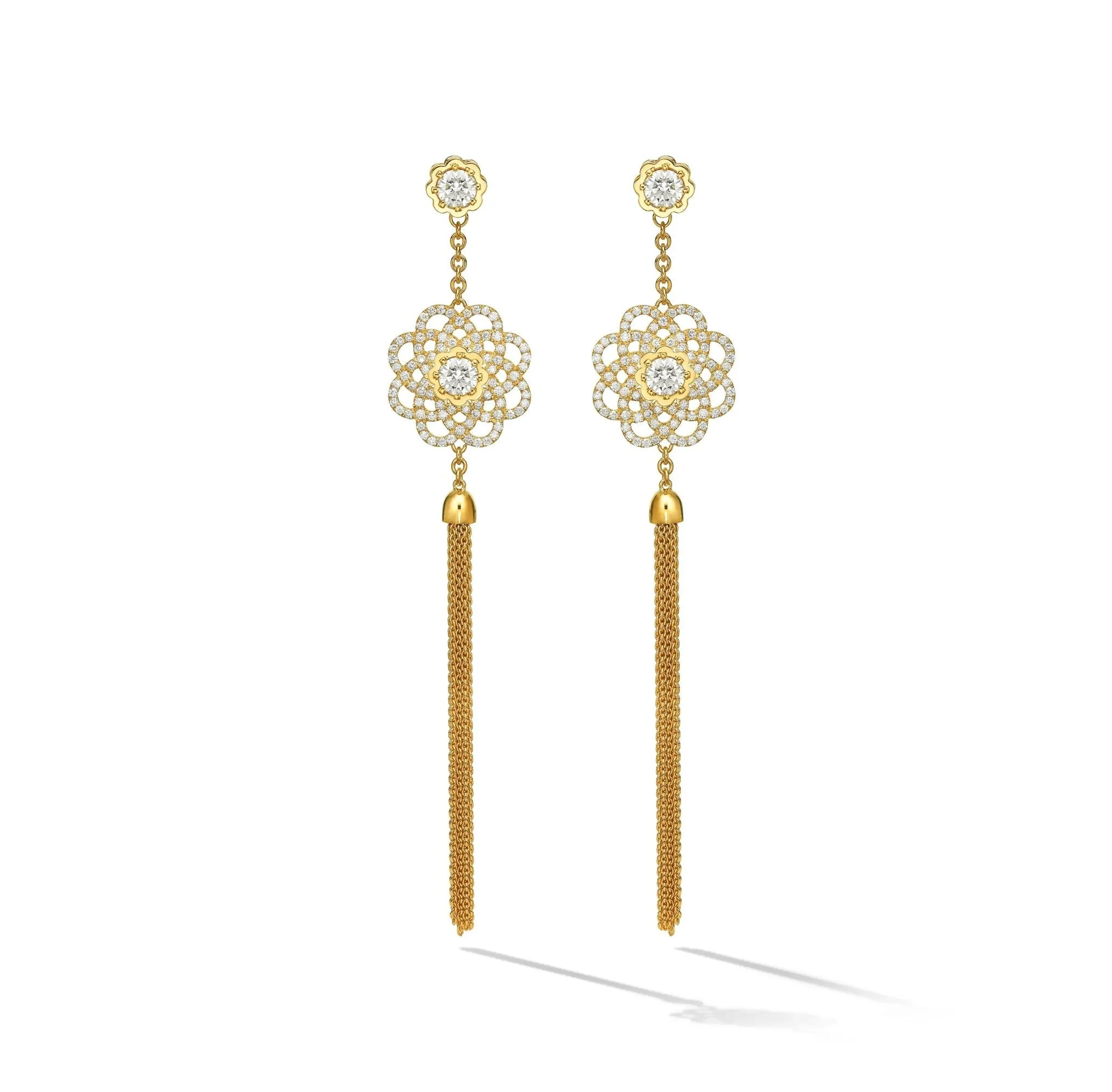 Yellow Gold Trio Tassel Earrings with White Diamonds